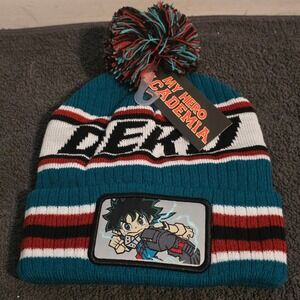 My Hero Academia Deku Pom Beanie Hat Mens OS Teal Red Striped Knit New